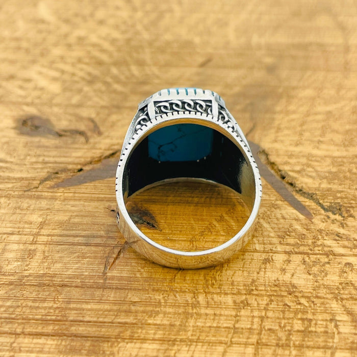 Men's Turkish Handmade 925 Sterling Silver Natural Turquoise Square Gemstone Ring