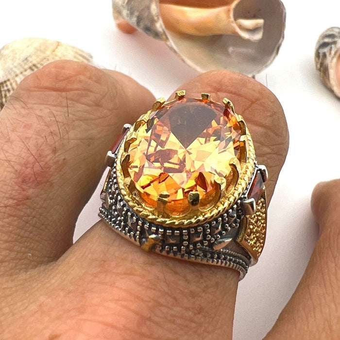 Men's Turkish Handmade 925 Sterling Silver Ring | Champagne Citrine Gemstone | Elegant Gift for Him - TryAladdin
