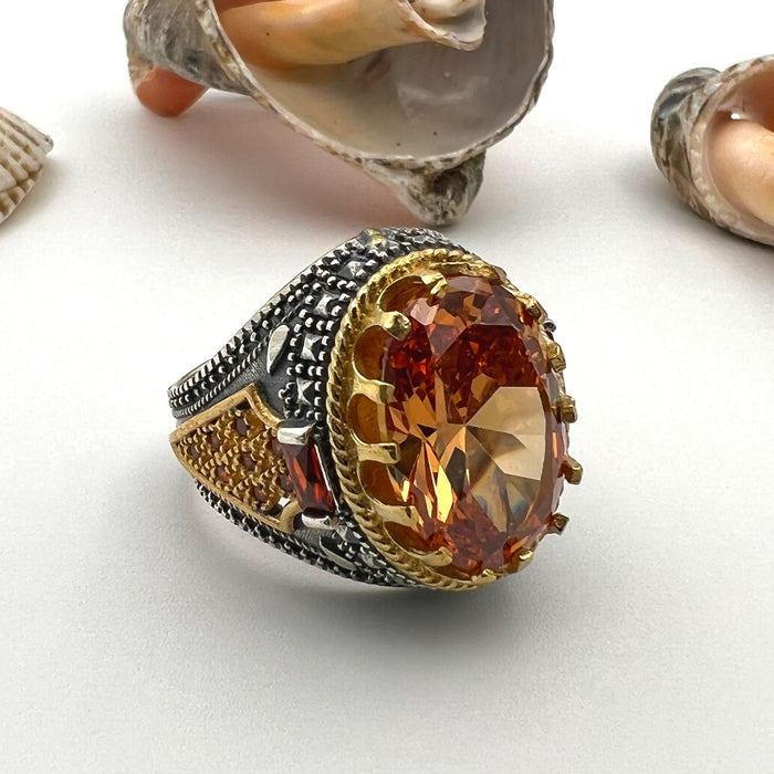 Men's Turkish Handmade 925 Sterling Silver Ring | Champagne Citrine Gemstone | Elegant Gift for Him