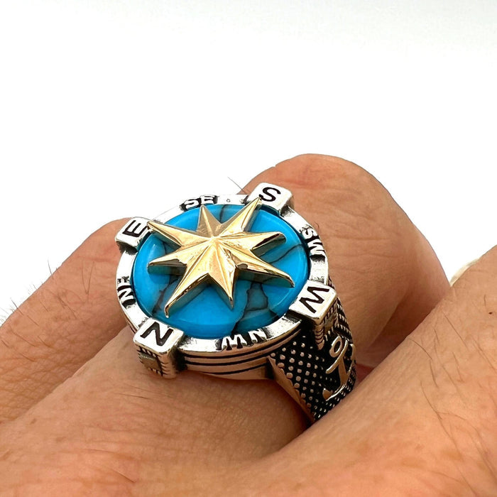 Men's Turkish Handmade 925 Sterling Silver Turquoise Compass & Anchor Ring | Nautical Theme Jewelry