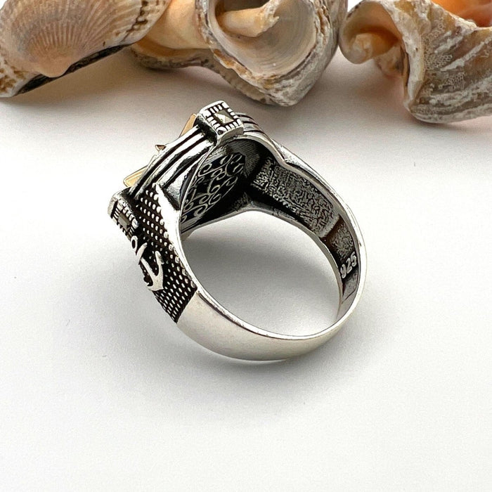 Men's Turkish Handmade 925 Sterling Silver Turquoise Compass & Anchor Ring | Nautical Theme Jewelry - TryAladdin