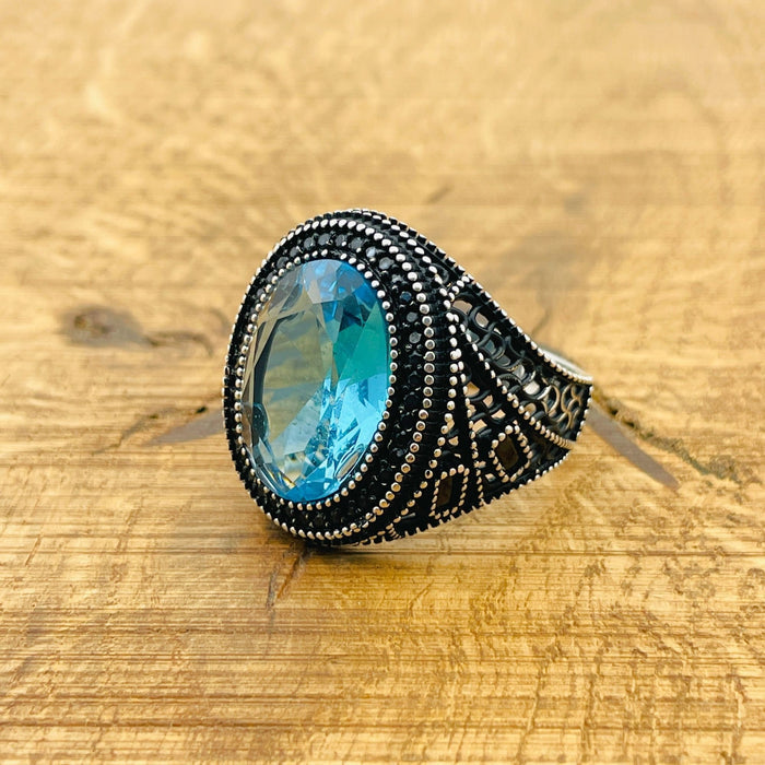 Men's Turkish Handmade Aquamarine 925 Sterling Silver Ring - Oval Blue Gemstone Gift