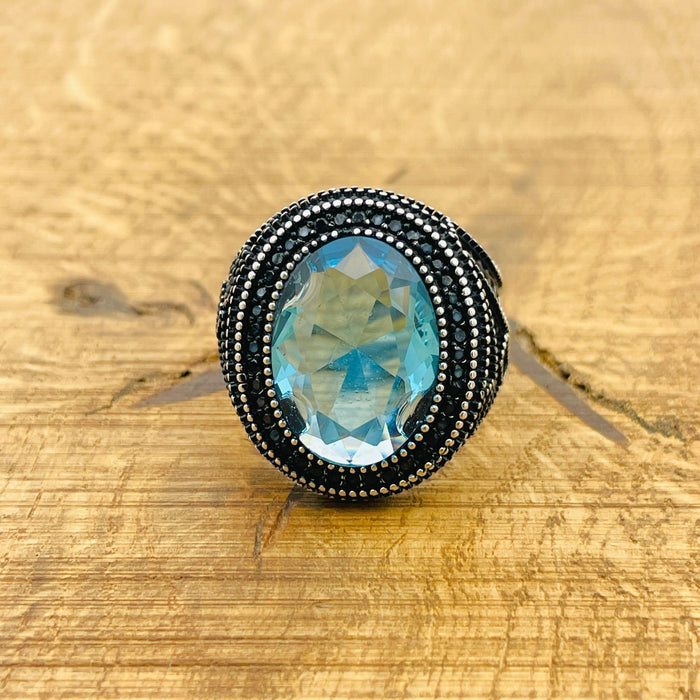 Men's Turkish Handmade Aquamarine 925 Sterling Silver Ring - Oval Blue Gemstone Gift