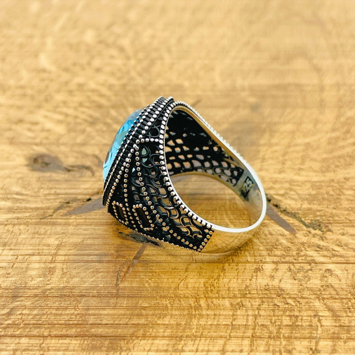 Men's Turkish Handmade Aquamarine 925 Sterling Silver Ring - Oval Blue Gemstone Gift