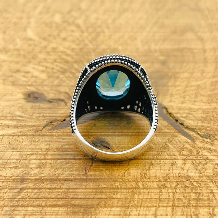 Men's Turkish Handmade Aquamarine 925 Sterling Silver Ring - Oval Blue Gemstone Gift