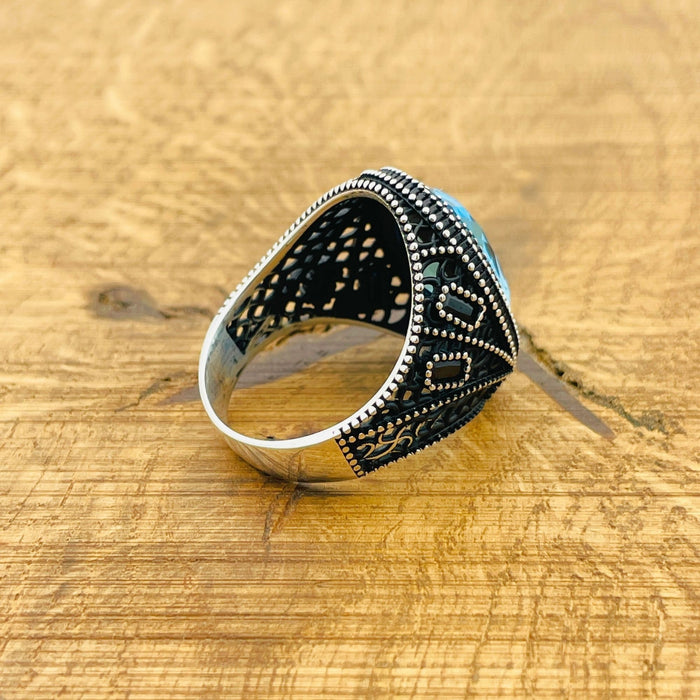 Men's Turkish Handmade Aquamarine 925 Sterling Silver Ring - Oval Blue Gemstone Gift