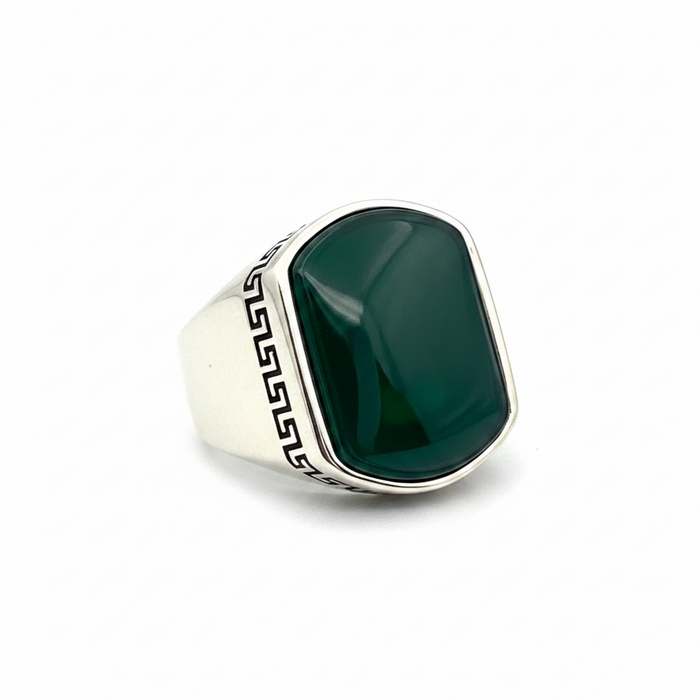 Men's Yemeni Aqeeq Stone Green Agate 925 Sterling Silver Ring