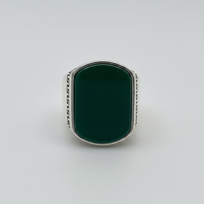 Men's Yemeni Aqeeq Stone Green Agate 925 Sterling Silver Ring