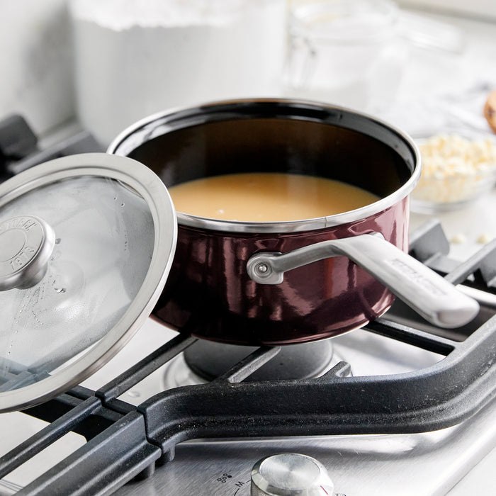 Chocolate Truffle saucepan with lid, 2-quart size, sleek design, shown as a single piece set.