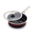 Chocolate brown steel core 2-quart sauté pan with matching lid on a white background.