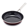 Chocolate brown enameled steel frypan with handle, viewed from above on a white background.