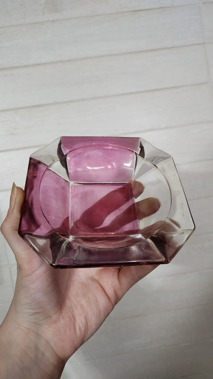 Mid-Century Geometric Amethyst Pink Glass Ashtray/Trinket Dish