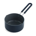 Navy blue ceramic 1-quart saucepan with a long handle and pour spouts.