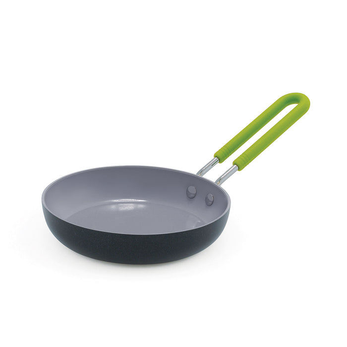 Green ceramic 5-inch frypan with gray interior on a white background.