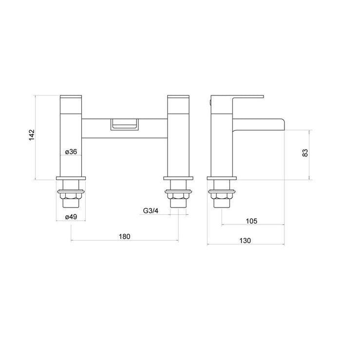[BTTT405] Modern Bathroom Deck Mounted Square Waterfall Spout Bath Filler Tap - Chrome - Technical Drawing