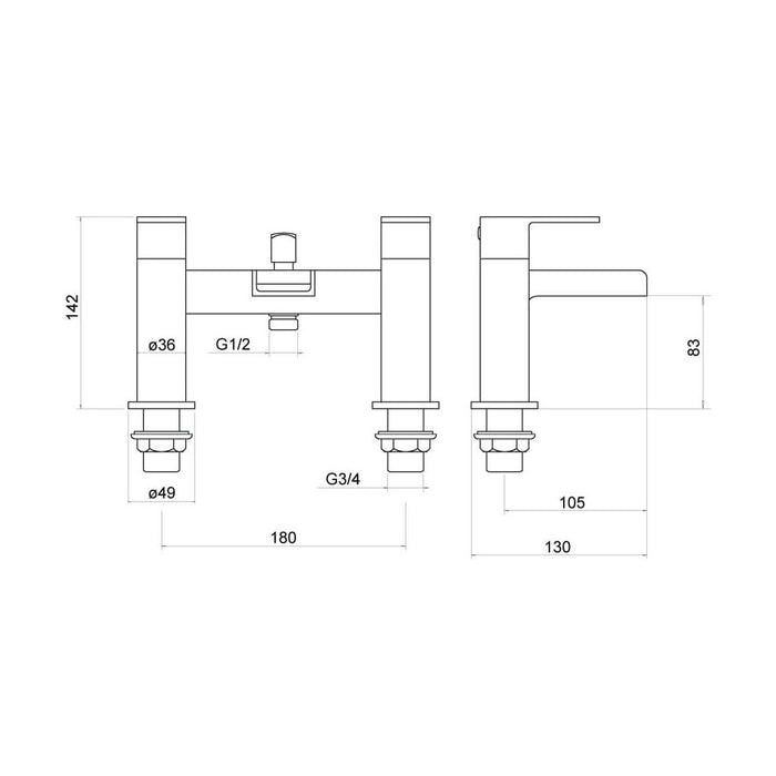 [BTTT404] Modern Bathroom Deck Mounted Square Waterfall Spout Bath Shower Mixer Tap - Chrome - Technical Drawing