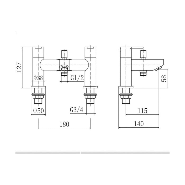 [BT9005BL] Modern Bathroom Round Deck Mounted Bath Shower Mixer Tap with Kit - Choice of Colour - Technical Drawing