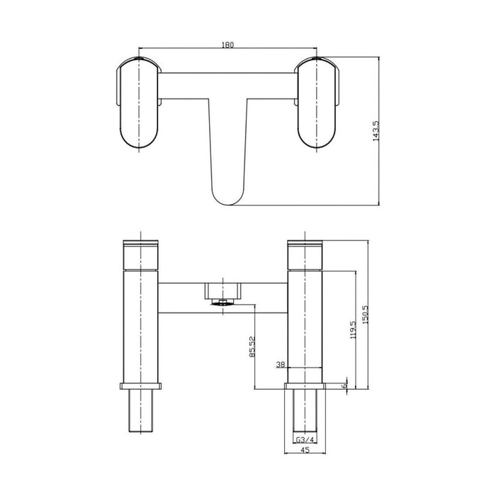 [BT9021] Modern Bathroom Soft Square Deck Mounted Bath Shower Mixer Tap - Chrome - Technical Drawing