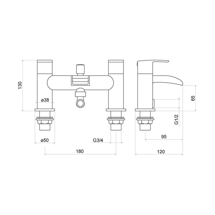 [BTTT304] Modern Bathroom Waterfall Spout Deck Mounted Bath Shower Mixer Tap and Kit - Chrome - Technical Drawing