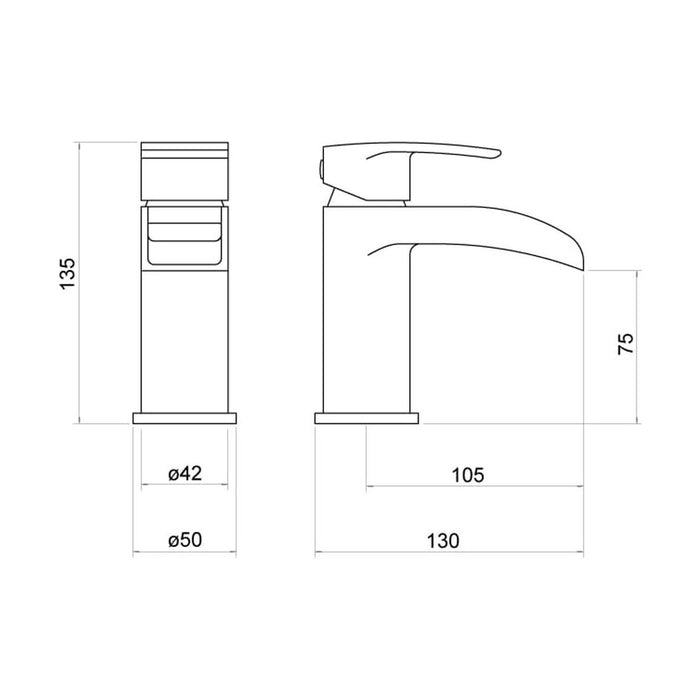 [BTTT302] Modern Bathroom Waterfall Spout Mono Basin Mixer Tap - Chrome - Technical Drawing