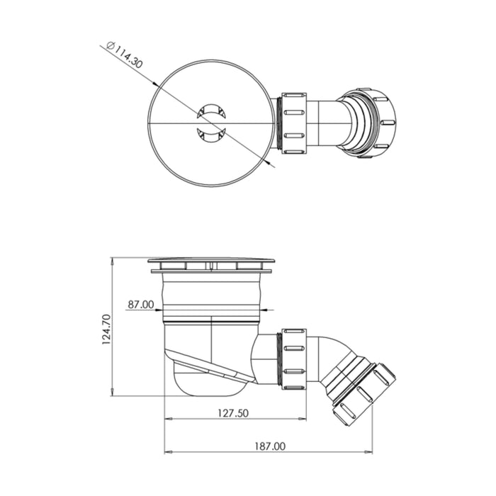 [BKT598] Modern Round Bathroom Shower Tray Waste with Elbow, Top Fix Installation, 125 x 114 x 187 mm - Choice of Colour - Technical Drawing