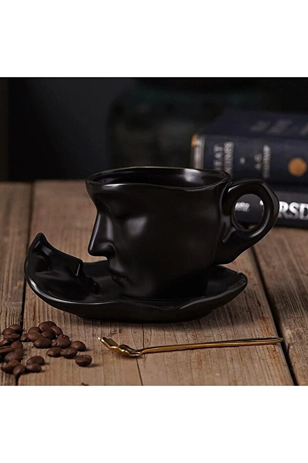 Modern Scandinavian Face Art Black Coffee Mug & Saucer Set - 110ml Capacity
