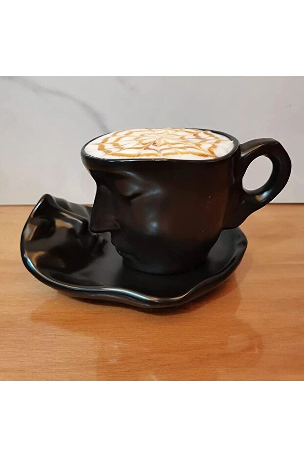 Modern Scandinavian Face Art Black Coffee Mug & Saucer Set - 110ml Capacity