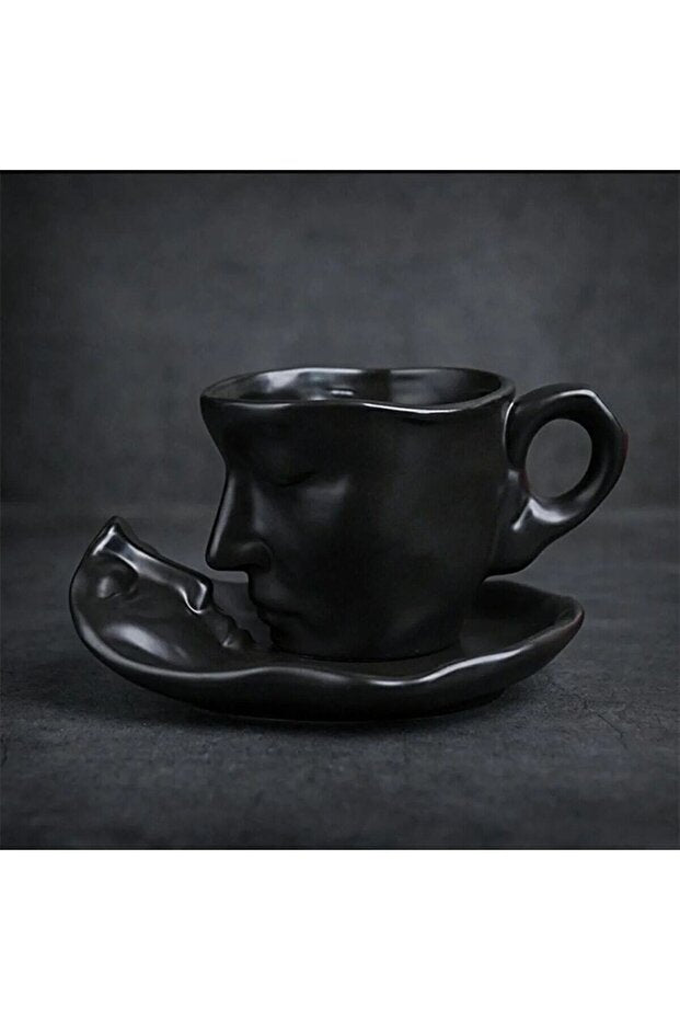 Modern Scandinavian Face Art Black Coffee Mug & Saucer Set - 110ml Capacity