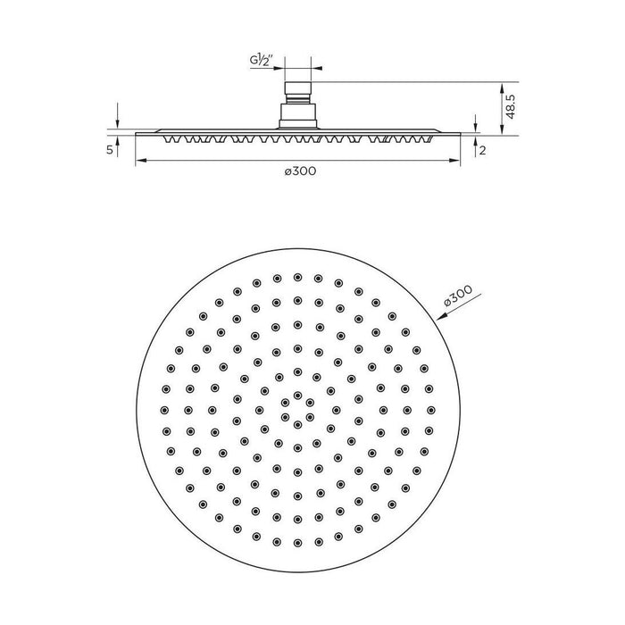 [BB9392] Modern Slimline 12” Round Fixed Shower Head - Chrome, 300mm - Technical Drawing