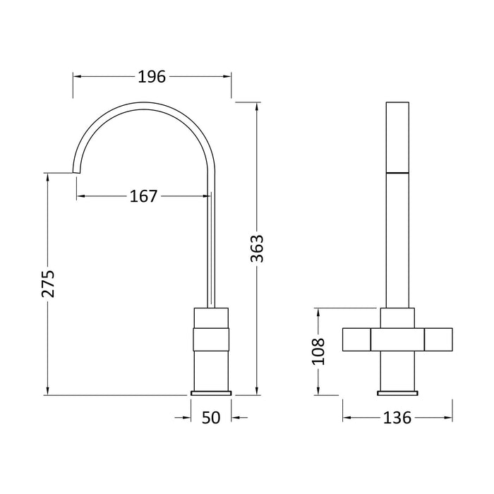 [BKT324B] Mono Mixer Kitchen Tap - Technical Drawing