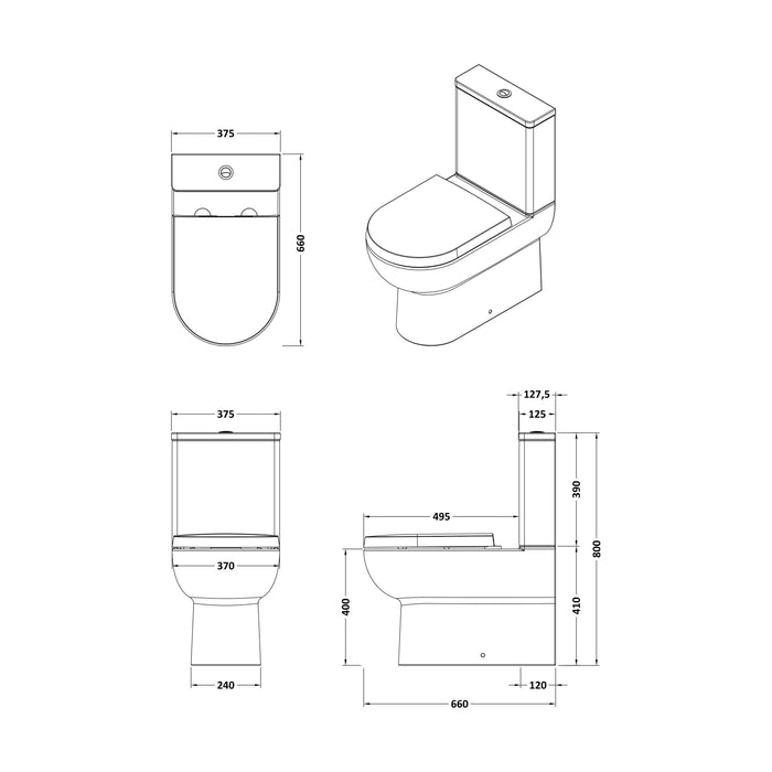 [BCAZ007] Morridge Contemporary Round Rimless Toilet Pan and Cistern - 800 x 375 x 660mm - Technical Drawing