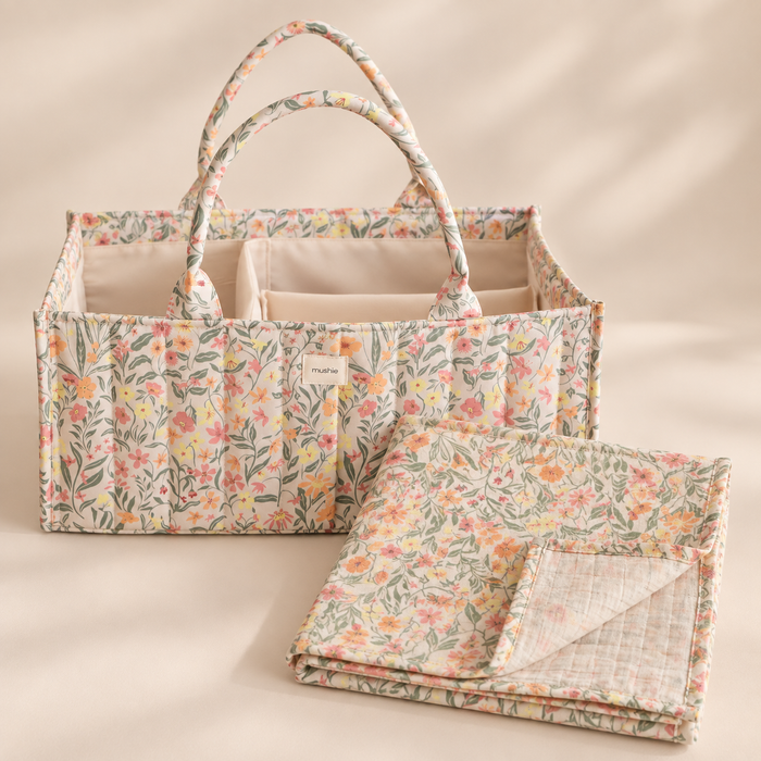 Mushie- Nappy Caddy & Swaddle Bundle - Pastel Blooms