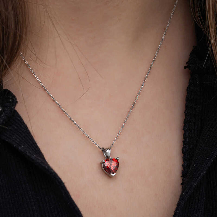Necklace - Captivating Silver-Tone Red Heart Solitaire Pendant