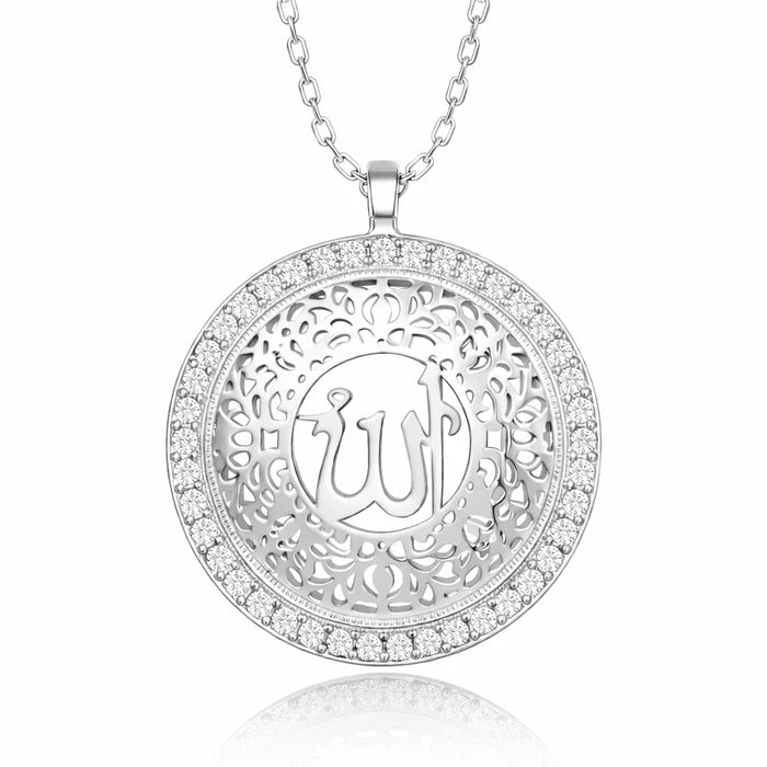 Necklace - Sterling Silver Allah Calligraphy Medallion with Zirconia