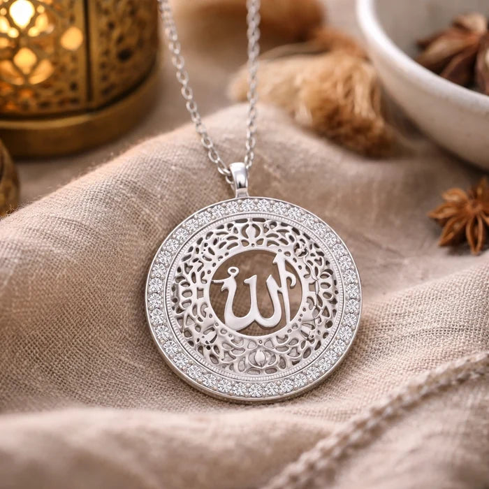 Necklace - Sterling Silver Allah Calligraphy Medallion with Zirconia