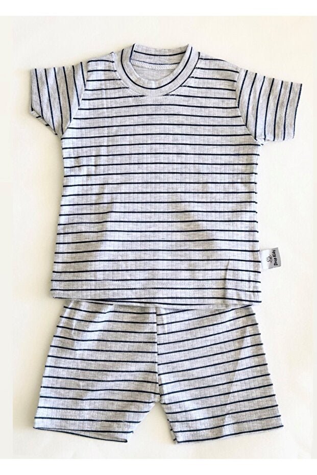 Newborn Baby Pajama Set - Short Sleeve Shorts - Navy Stripe & Grey Melange - TryAladdin