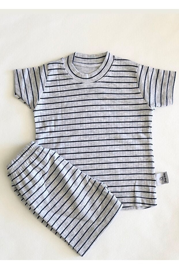 Newborn Baby Pajama Set - Short Sleeve Shorts - Navy Stripe & Grey Melange - TryAladdin
