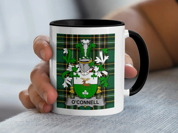 White O'Connell family crest mug on the Irish National Tartan