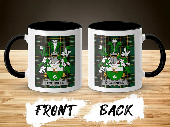 O'Connell family crest mug shown front and back on the Irish National Tartan