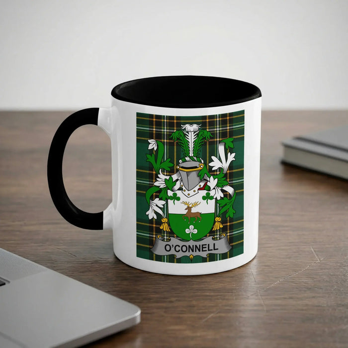 O'Connell family crest mug with a black handle and rim, on the Irish National Tartan