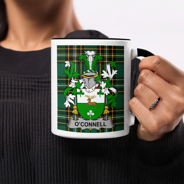 O'Connell Irish National Tartan mug with a crest featuring a shield, helmet and deer