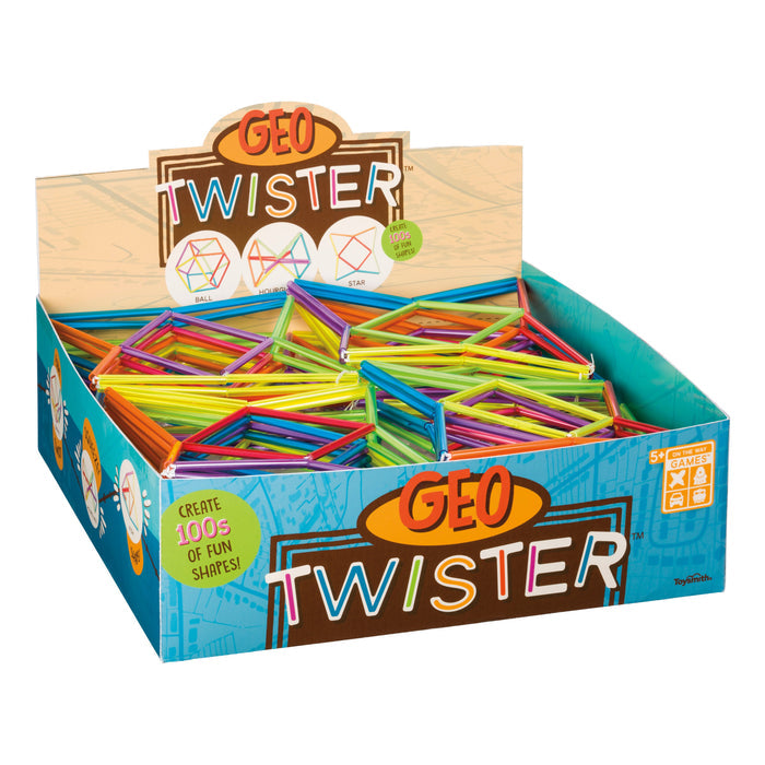 A display box of On the Way Games Geo Twister sets by On the Way Games shows colorful sticks and connectors for building geometric shapes. The sensory fidget toy provides stress relief. Packaging features diagrams and text: Create 100s of fun shapes! Ages 5+.