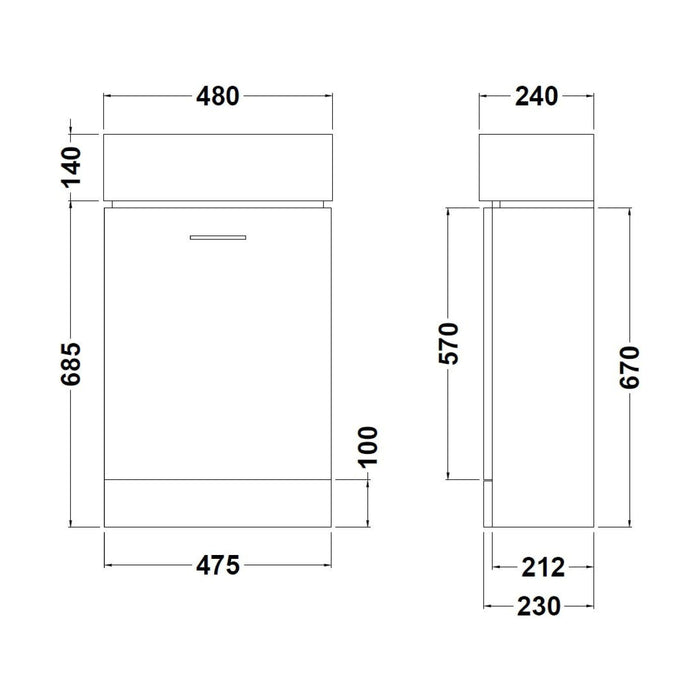 [BFCR058] One Door Cloakroom Vanity Basin Unit - 480mm - Gloss White - Technical Drawing