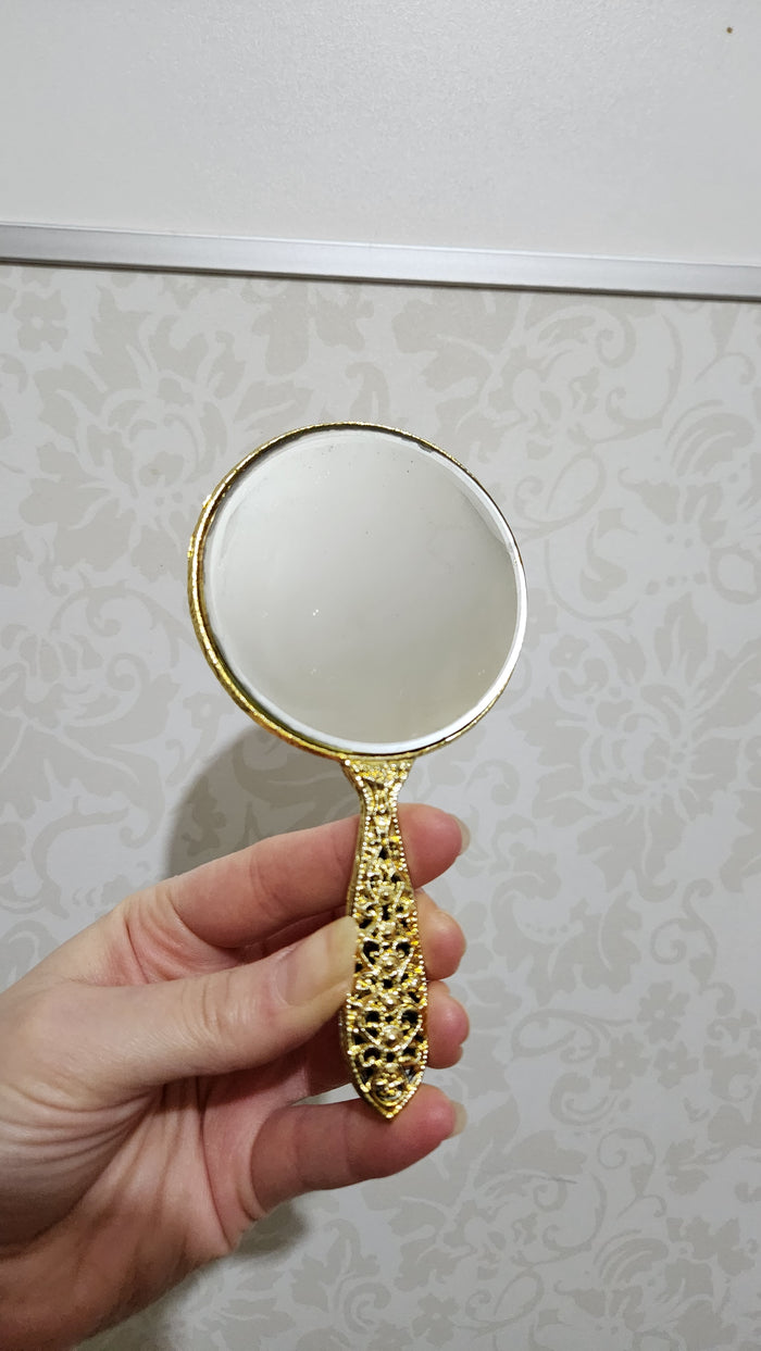 Ornate Victorian Style Gold Filigree Handheld Vanity Mirror