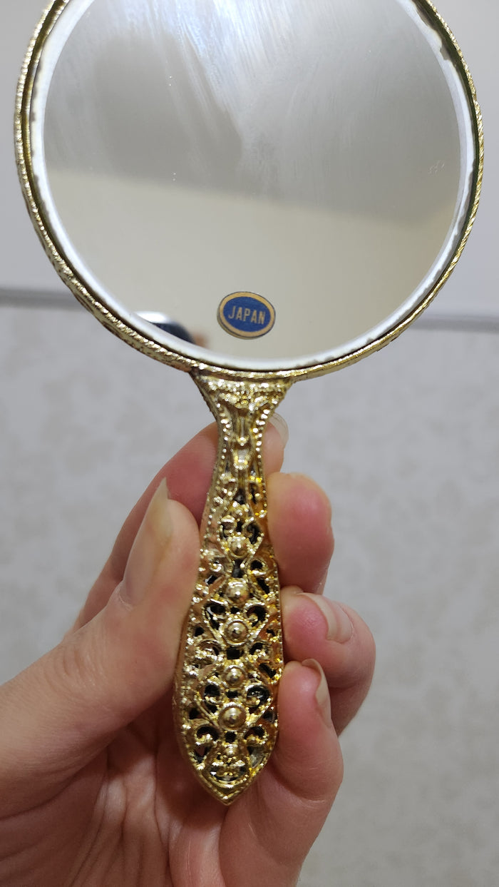 Ornate Victorian Style Gold Filigree Handheld Vanity Mirror