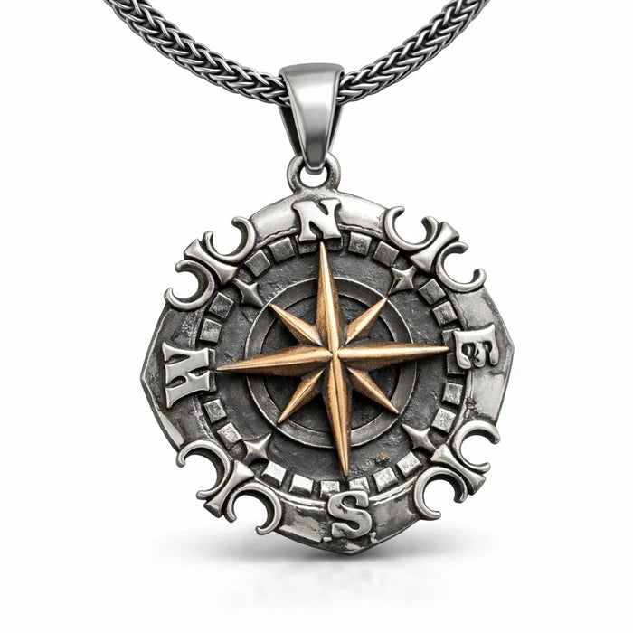 Oxidized Silver Compass Necklace - Two-Tone Adventurer Pendant