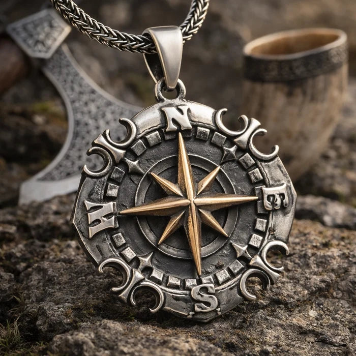 Oxidized Silver Compass Necklace - Two-Tone Adventurer Pendant