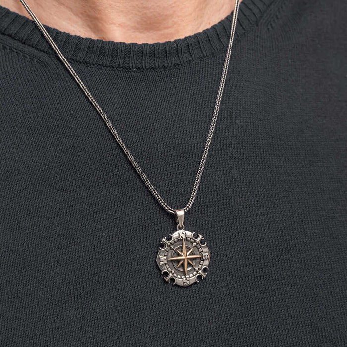 Oxidized Silver Compass Necklace - Two-Tone Adventurer Pendant