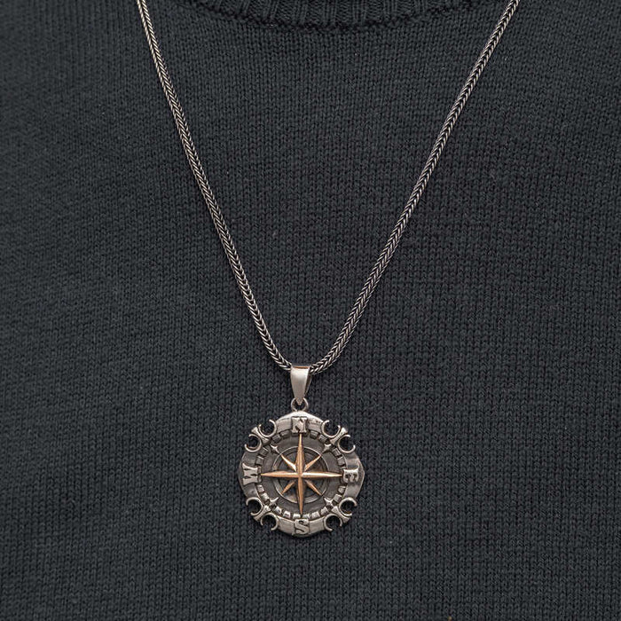 Oxidized Silver Compass Necklace - Two-Tone Adventurer Pendant