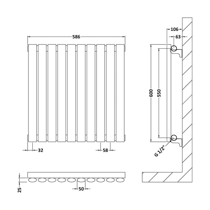 [BHEB338] Pattingham Horizontal Single Panel Radiator, Choice of Size and Finish - Technical Drawing